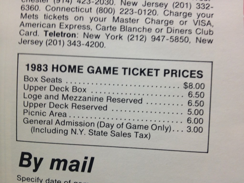 1983 Mets yearbook ticket prices 