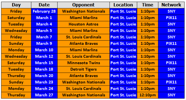 SNY spring training schedule 2014