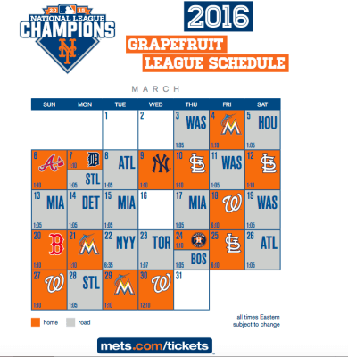 2016 Mets Spring Training Schedule