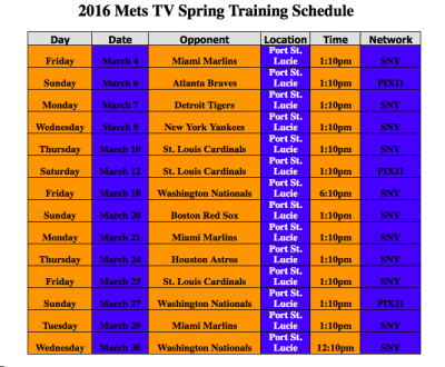 2016 spring training mets tv schedule