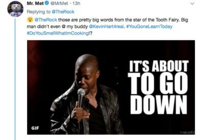 Mr. Met takes on The Rock (star of the Tooth Fairy) in a tweet