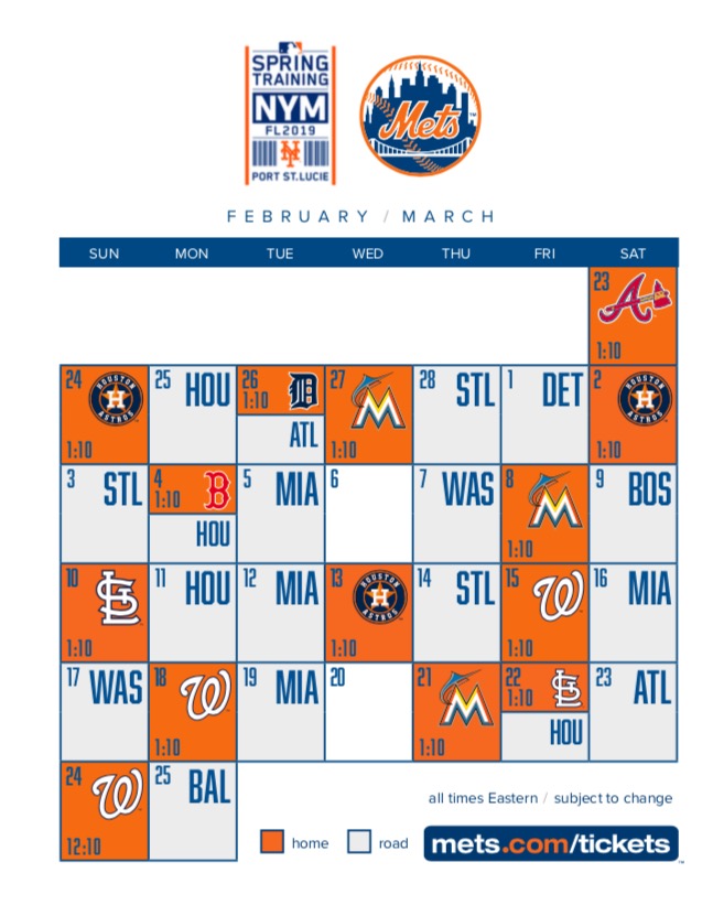 Mets announce 2019 Spring Training Schedule The Mets Police